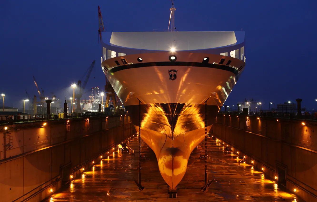 Фото обои ночь, lights, порт, док, судно, прожекторы, ship, Bore sea