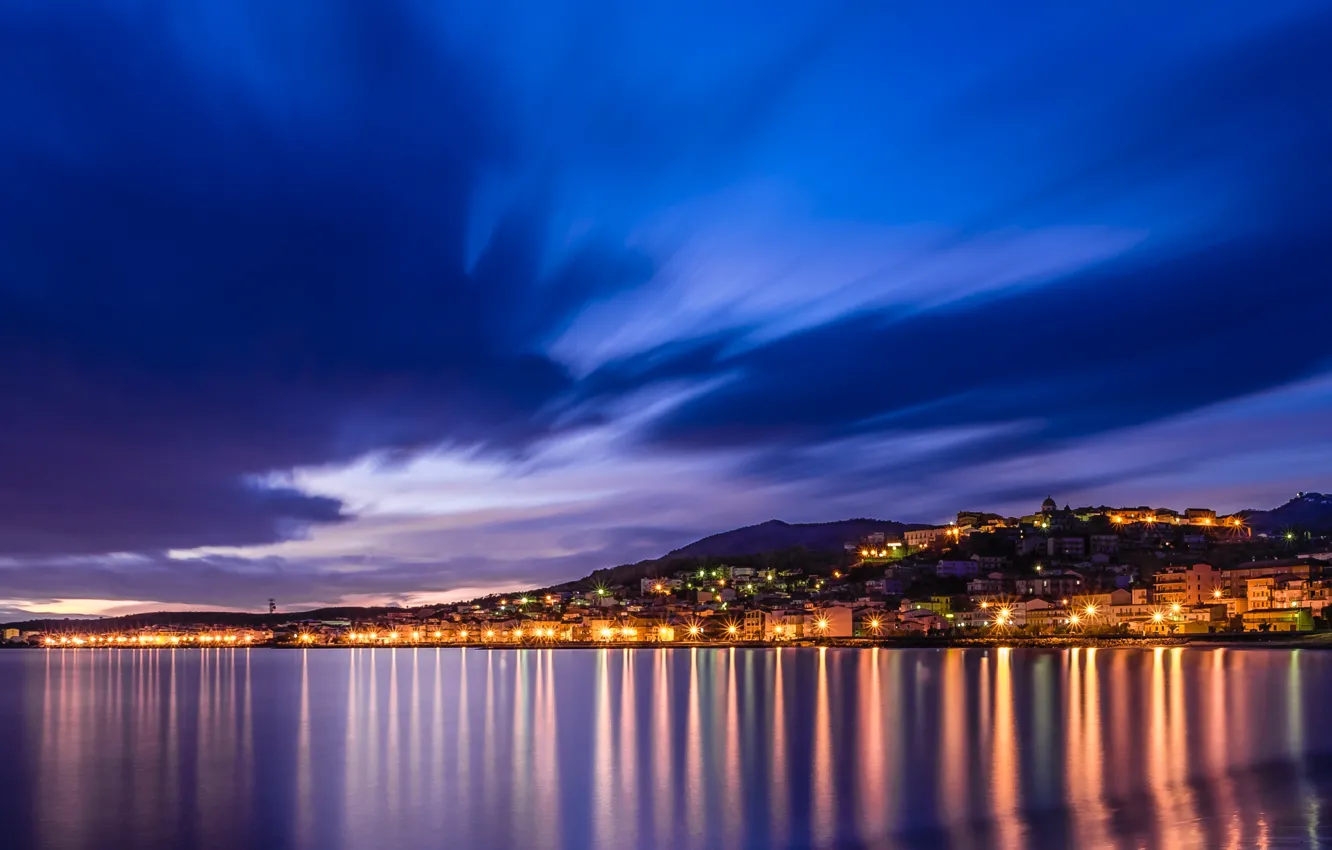 Фото обои lights, sea, landscape, Italy, nature, sunset, night, landscape river