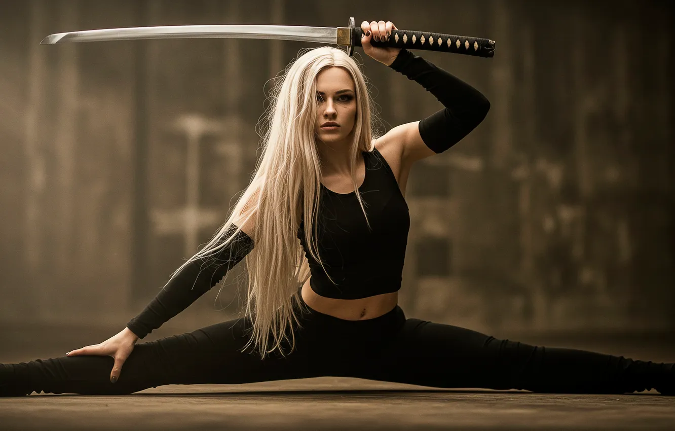 Фото обои девушка, катана, арт, girl, шпагат, art, katana, splits