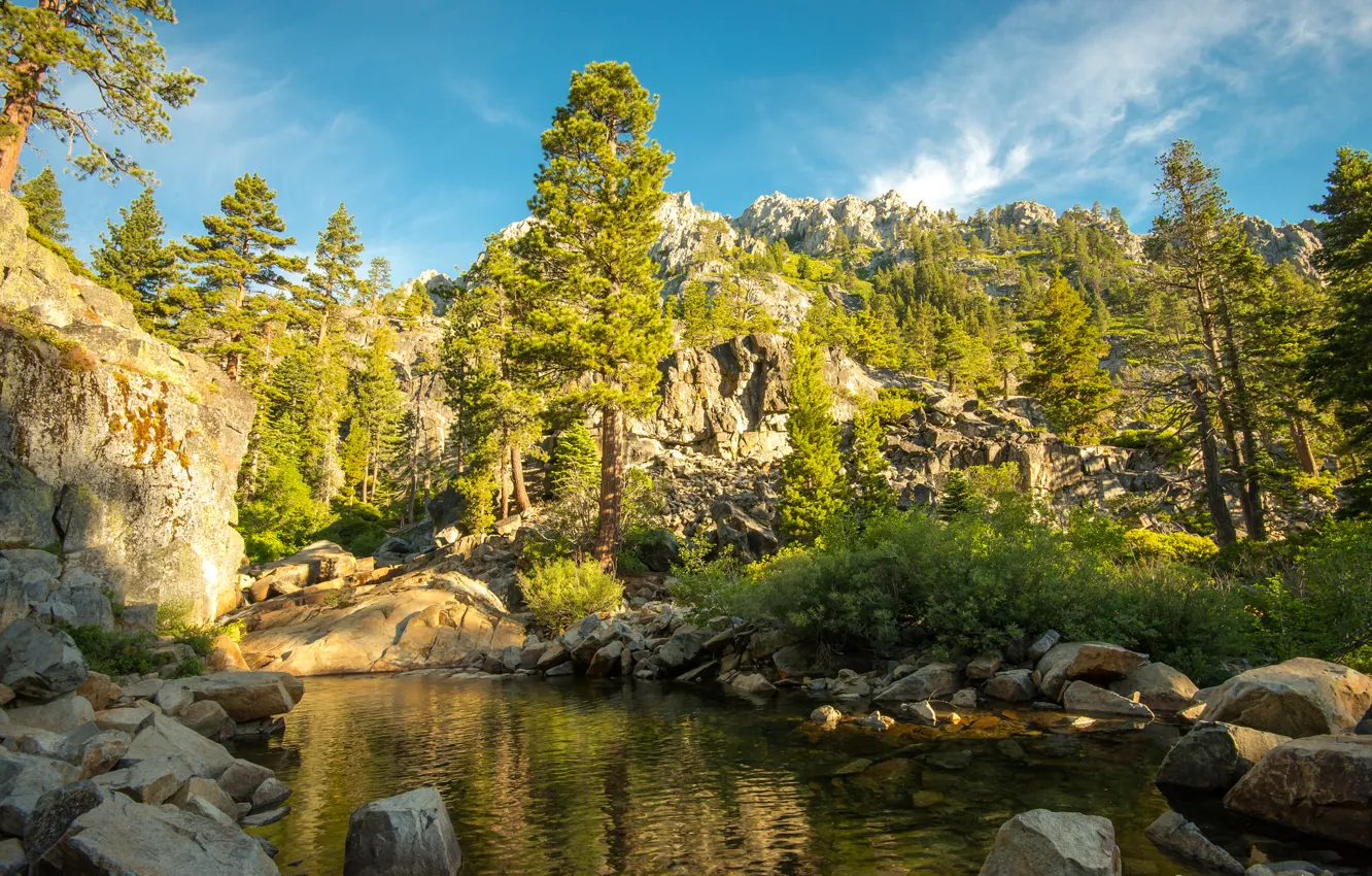 Фото обои деревья, горы, озеро, камни, скалы, Калифорния, США, Eagle Creek