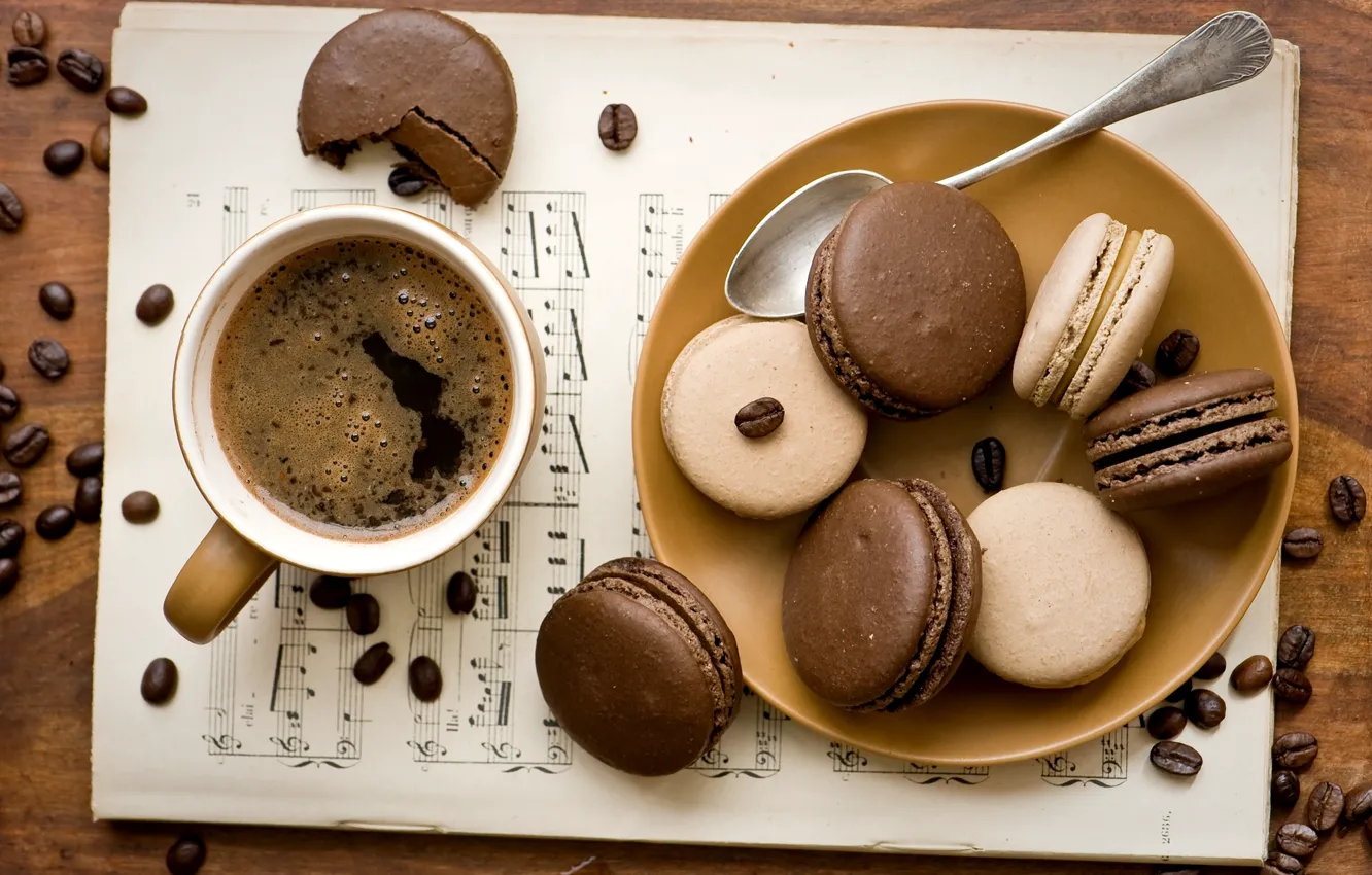 Фото обои ноты, кофе, зерна, печенье, тарелка, ложка, чашка, тетрадь