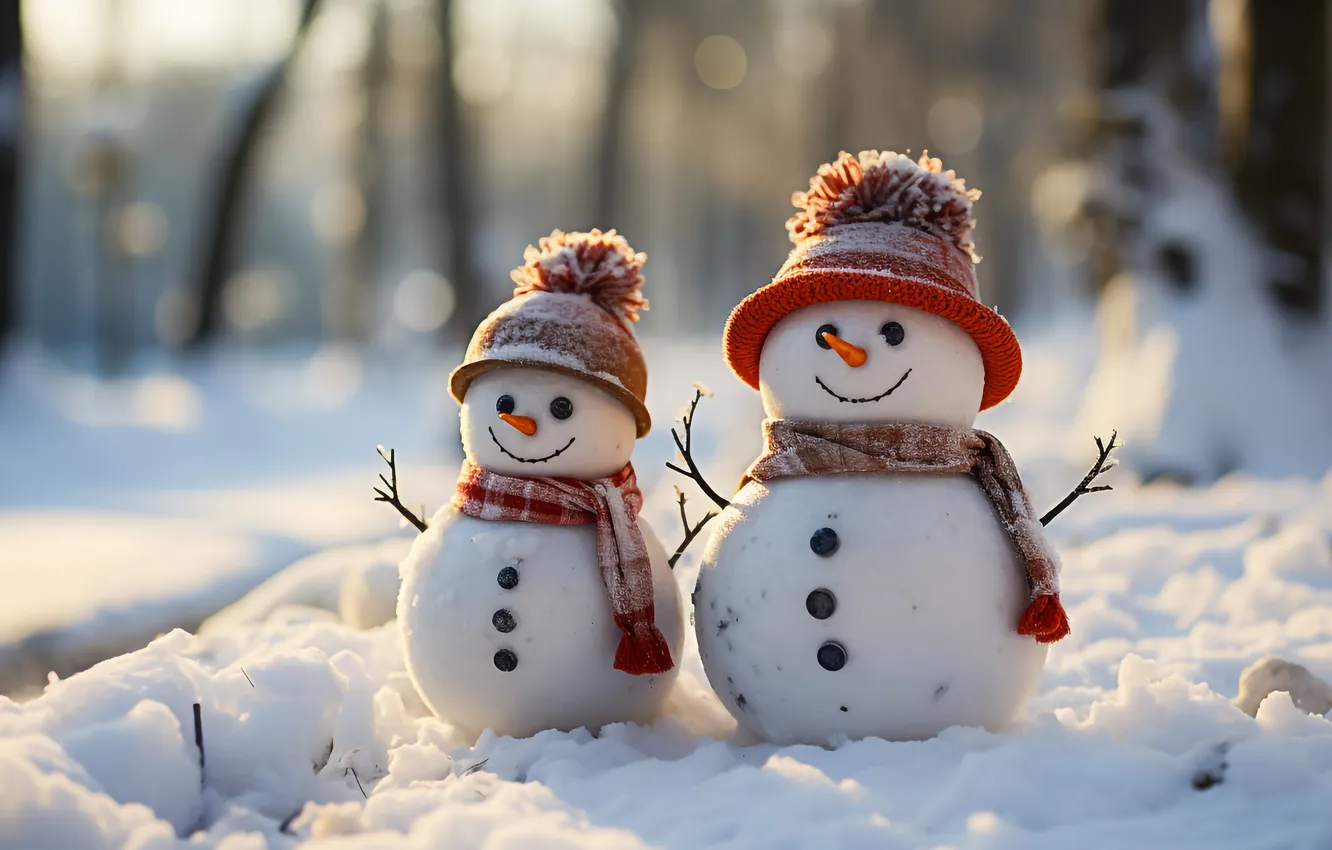 Фото обои зима, снег, Рождество, Новый год, снеговик, Christmas, winter, snow