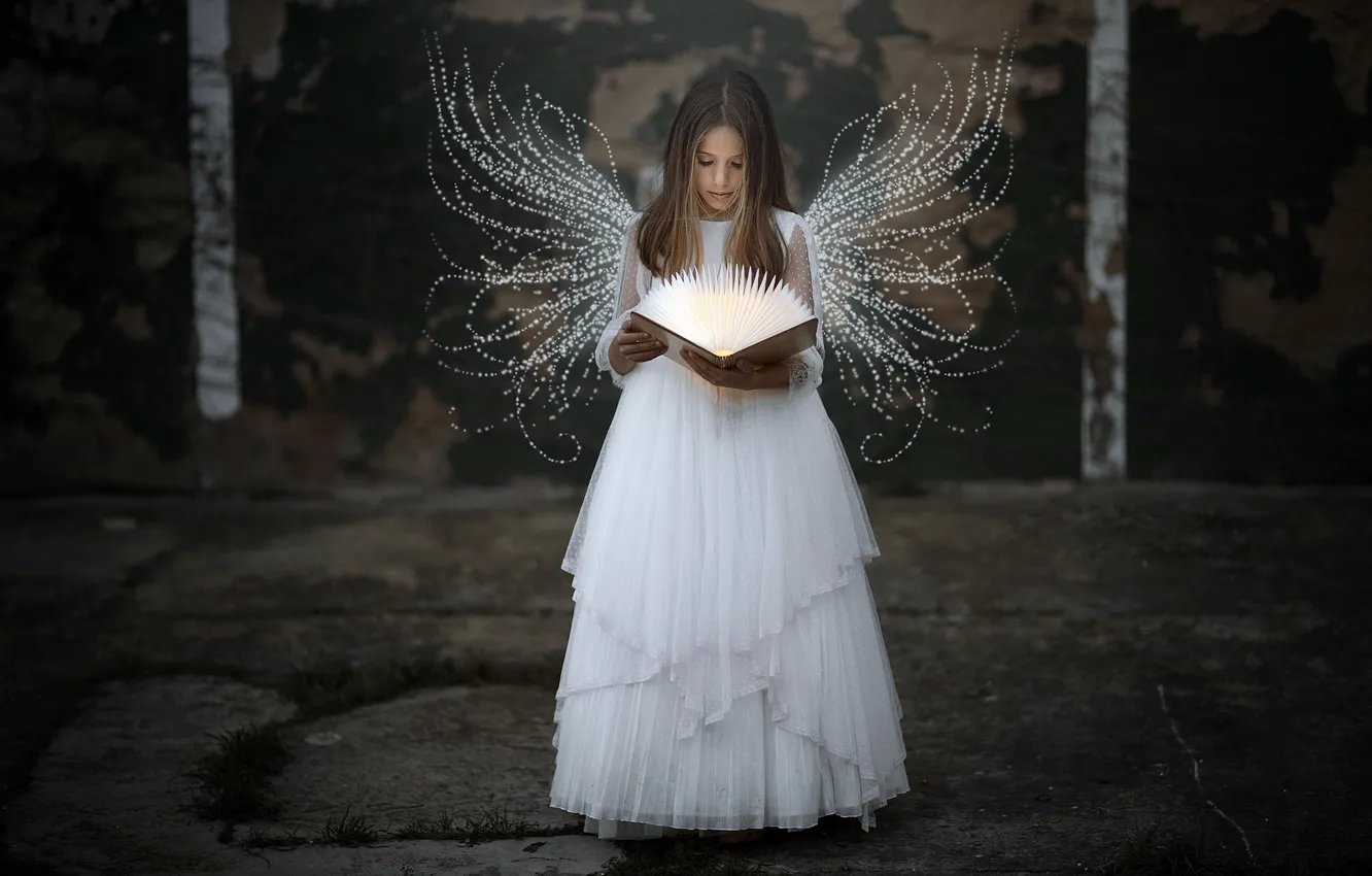 Фото обои ангел, девочка, книга