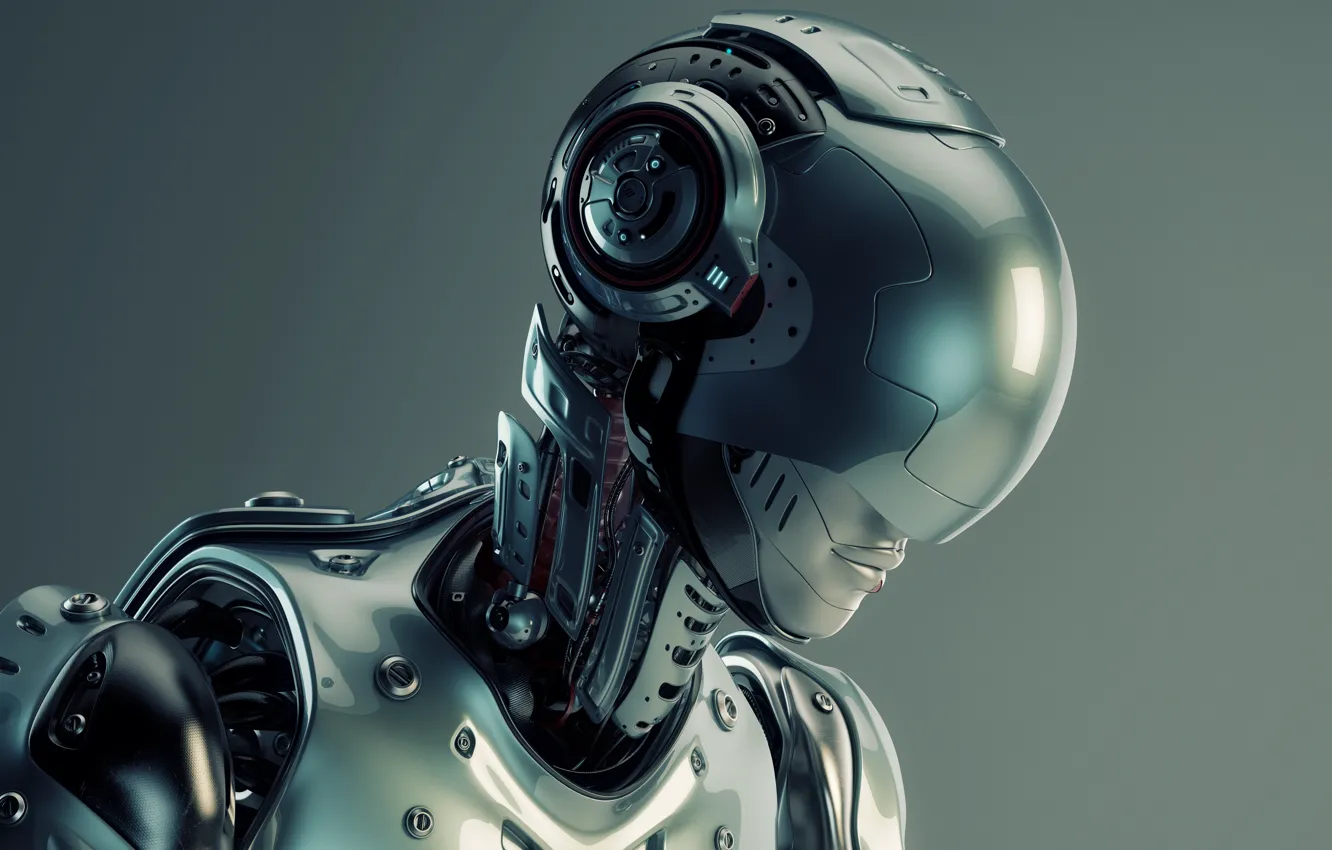 Фото обои cyborg, head, helmet, humanoid robot