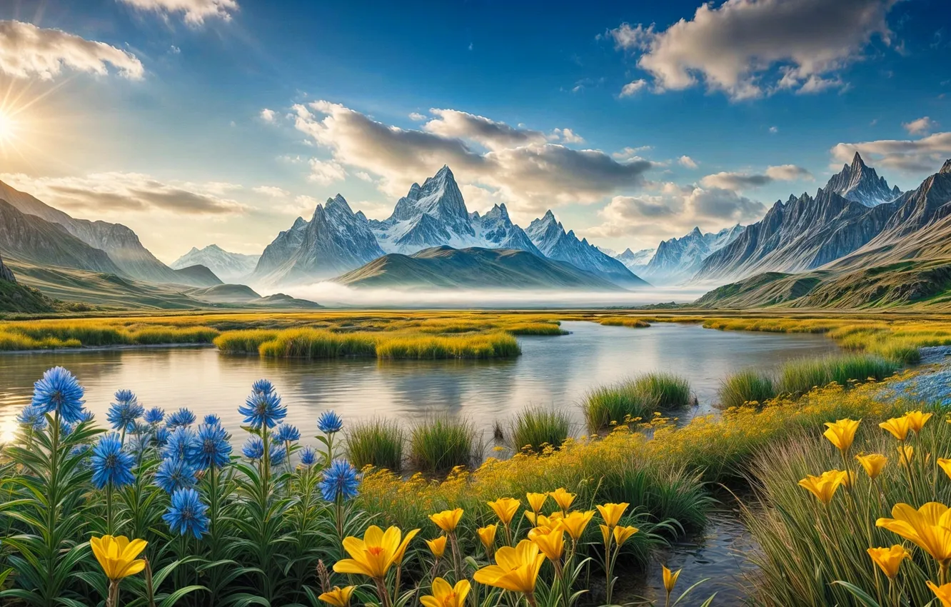 Фото обои landscape, flowers, mountains, lake