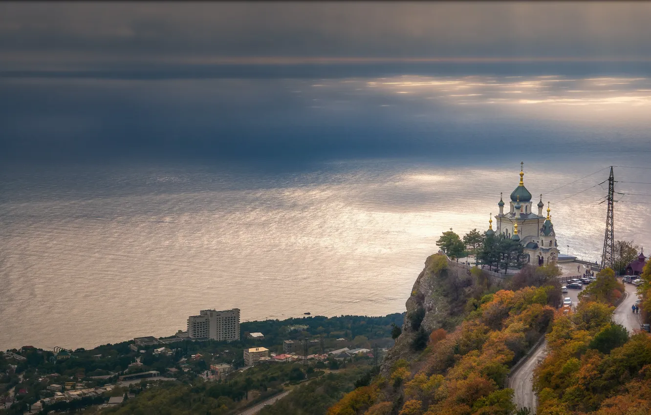 Фото обои море, пейзаж, природа, город, скала, побережье, храм, Крым