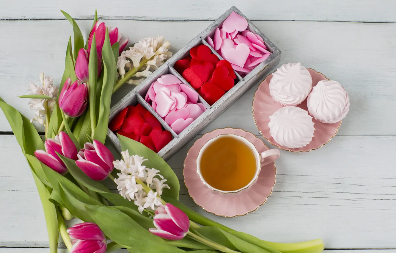 Фото обои сердечки, тюльпаны, pink, romantic, hearts, tulips, зефир, чашка чая