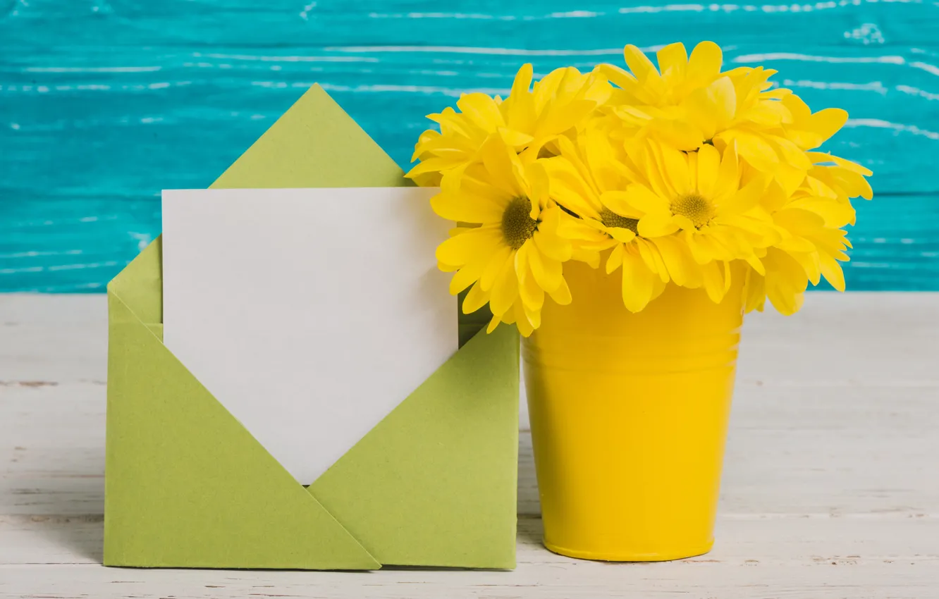 Фото обои цветы, букет, желтые, ваза, yellow, flowers, конверт