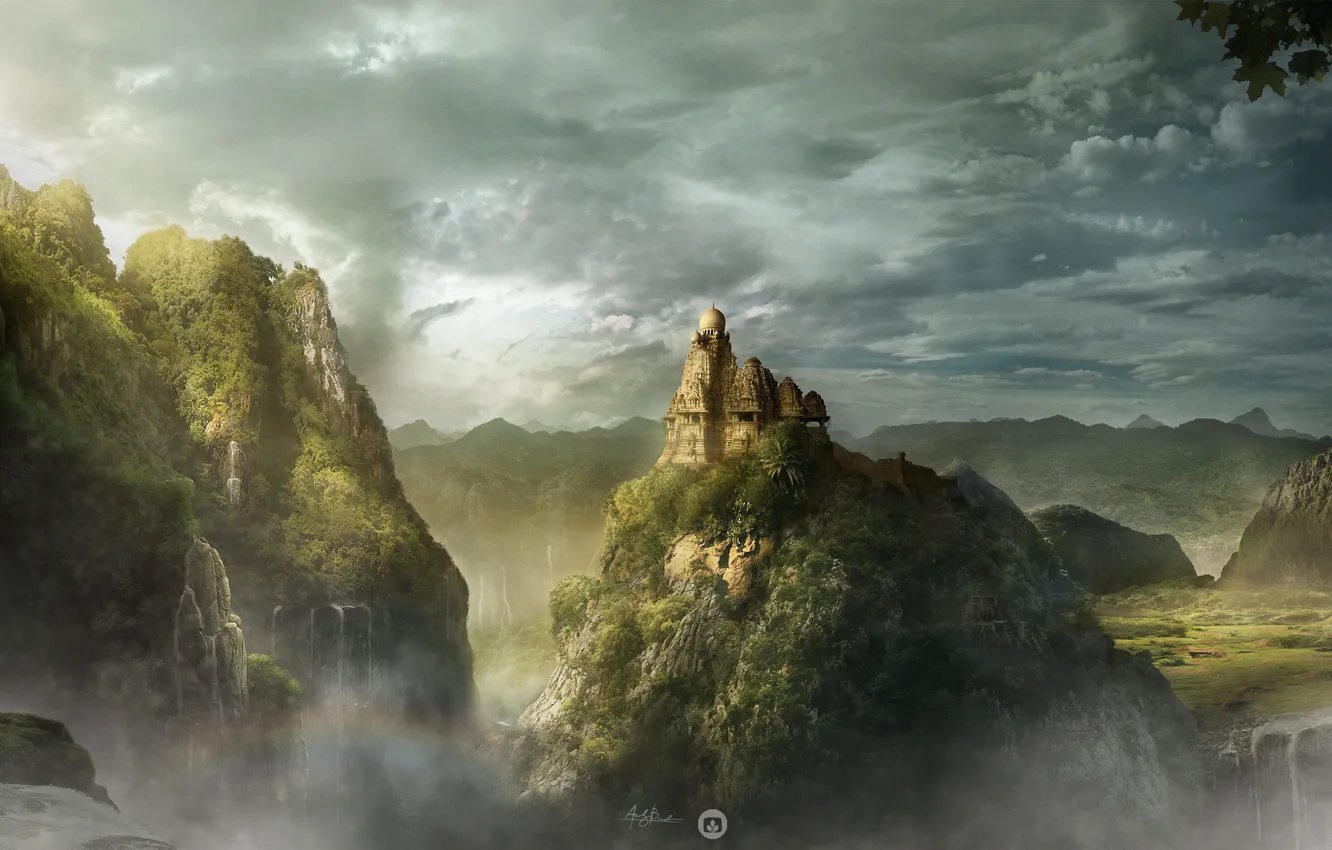 Фото обои облака, здание, холм, водопады, купол, desktopography, затерянное королевство