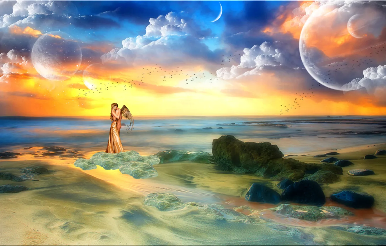 Фото обои море, небо, девушка, облака, любовь, птицы, камни, фантастика
