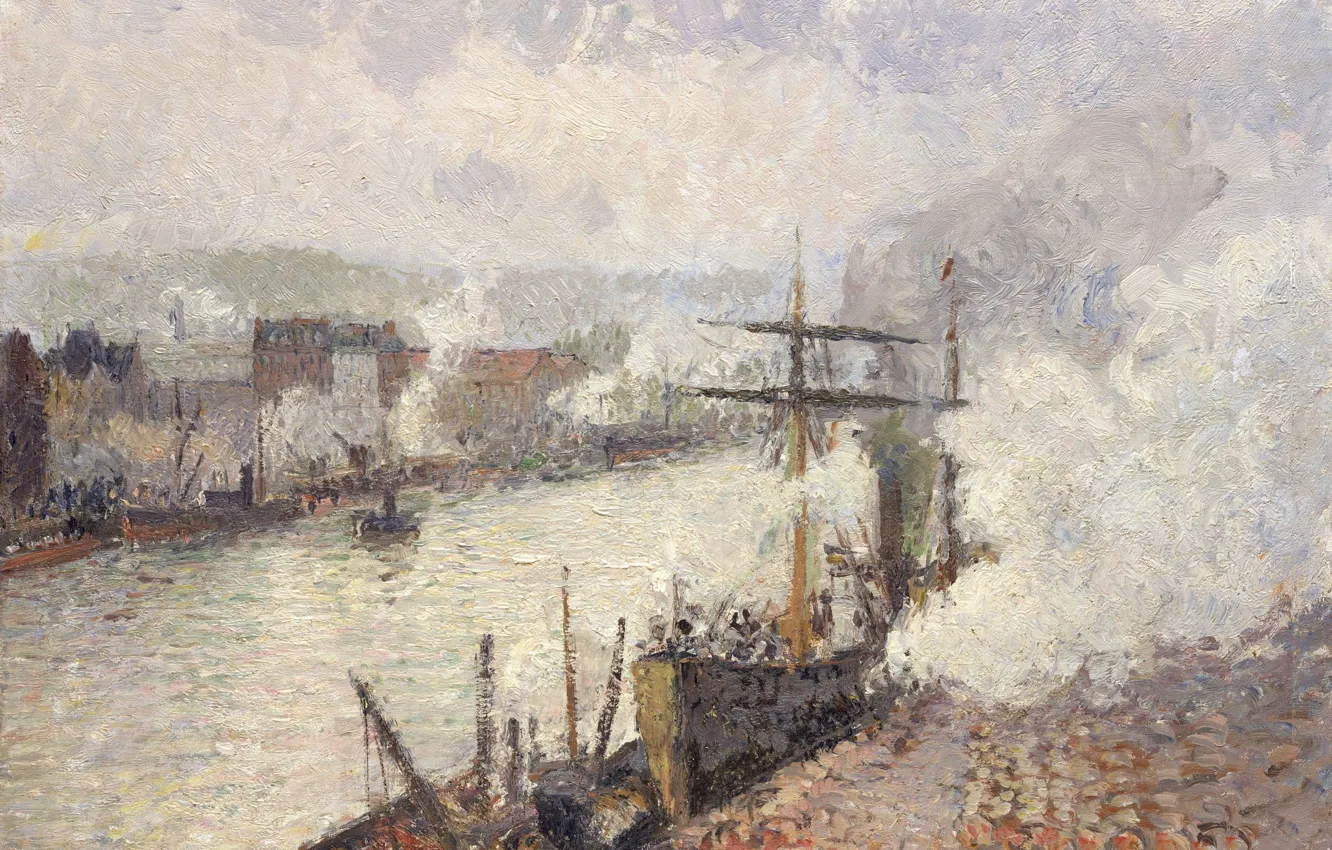 Фото обои корабль, картина, Камиль Писсарро, Пароходы в Порту Руана