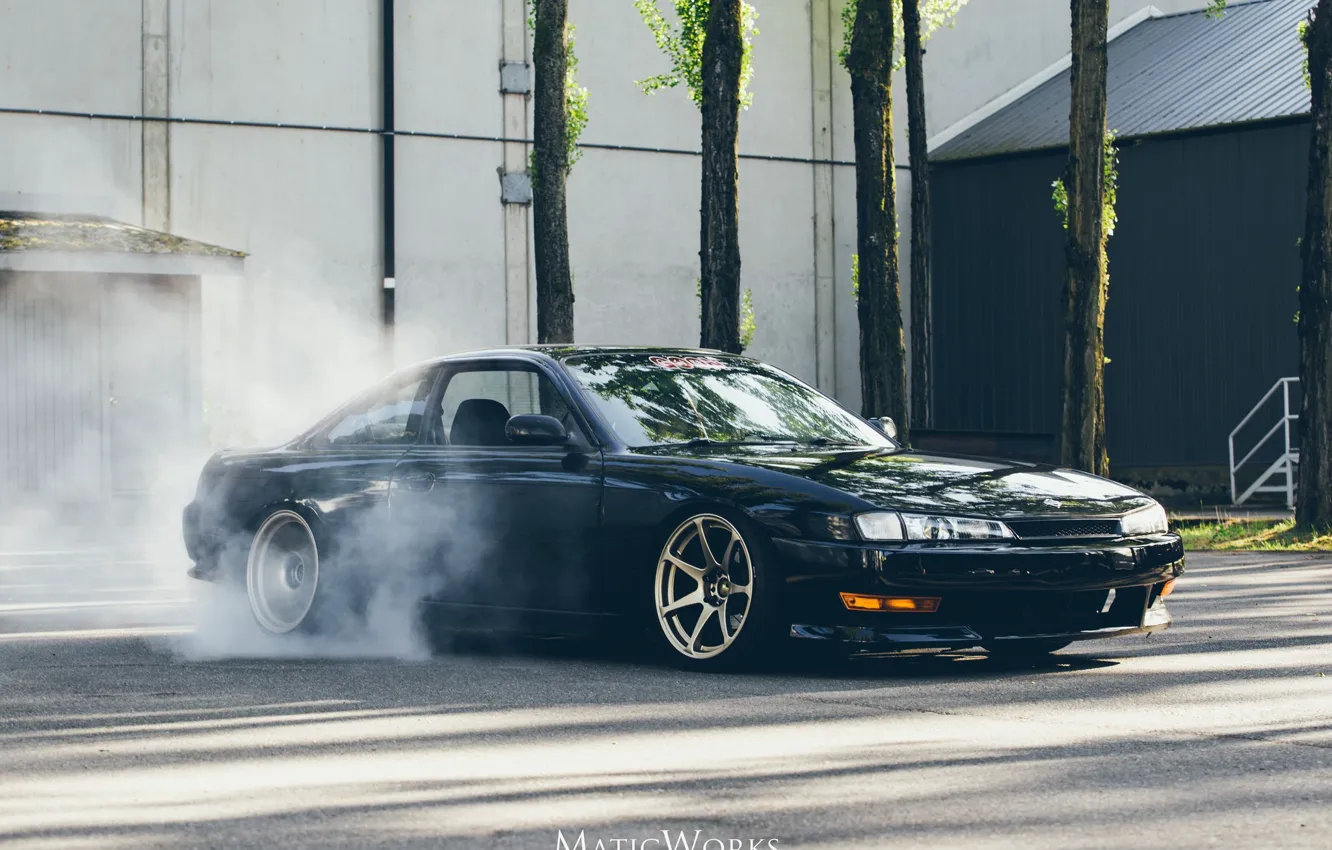 Фото обои nissan, turbo, wheels, drift, black, japan, smoke, jdm