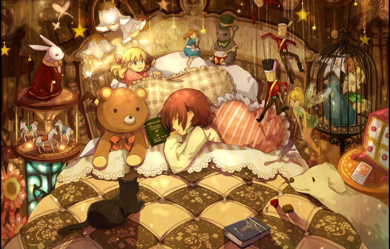 Фото обои животные, игрушки, кровать, подушки, мальчик, девочка, книжки, много