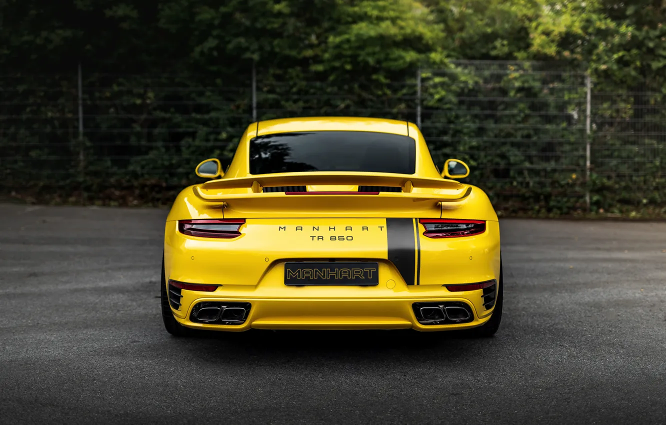 Фото обои жёлтый, купе, 911, Porsche, вид сзади, 991, Manhart, 911 Turbo S