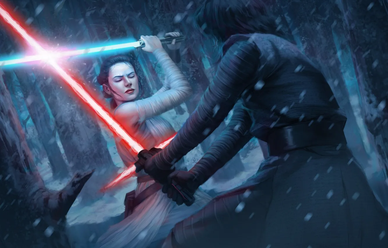 Фото обои Star Wars, art, Lightsaber, rey, kylo ren, Star Wars: Destiny