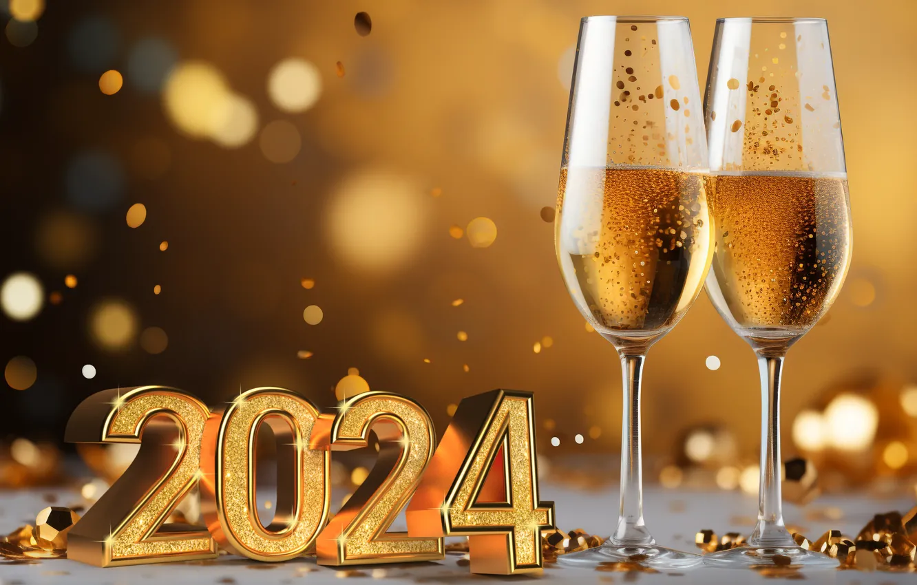 Фото обои украшения, золото, шары, Новый Год, бокалы, цифры, golden, new year