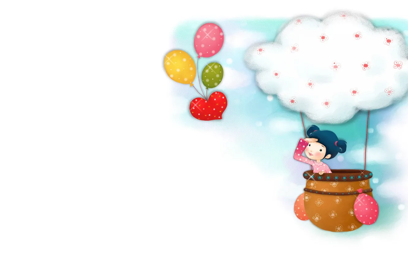 Фото обои шарики, воздушный шар, арт, девочка, путешествие, детская