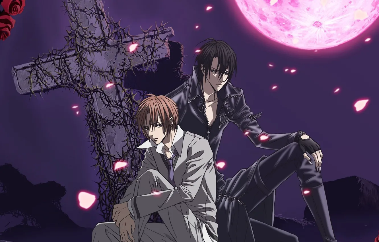 Фото обои ночь, розы, крест, парни, двое, art, кровавая луна, hotaru odagiri