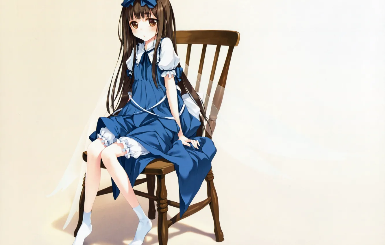 Фото обои стул, носки, бант, крылышки, длинные волосы, touhou, art, синее платье