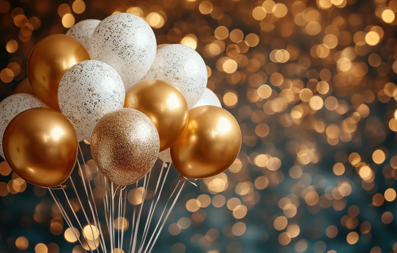 Фото обои воздушные шары, фон, день рождения, golden, Happy Birthday, background, bokeh, balloons