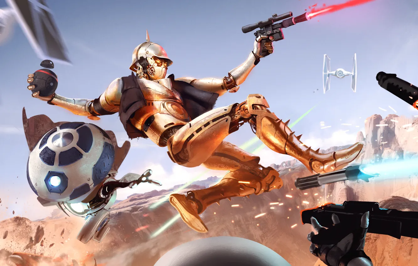 Фото обои дроиды, Star Wars, Звёздные войны, фан-арт, R2-D2, C-3PO, Carlos Villa