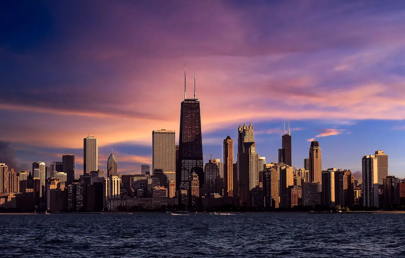 Фото обои закат, город, река, небоскребы, вечер, Чикаго, Иллинойс