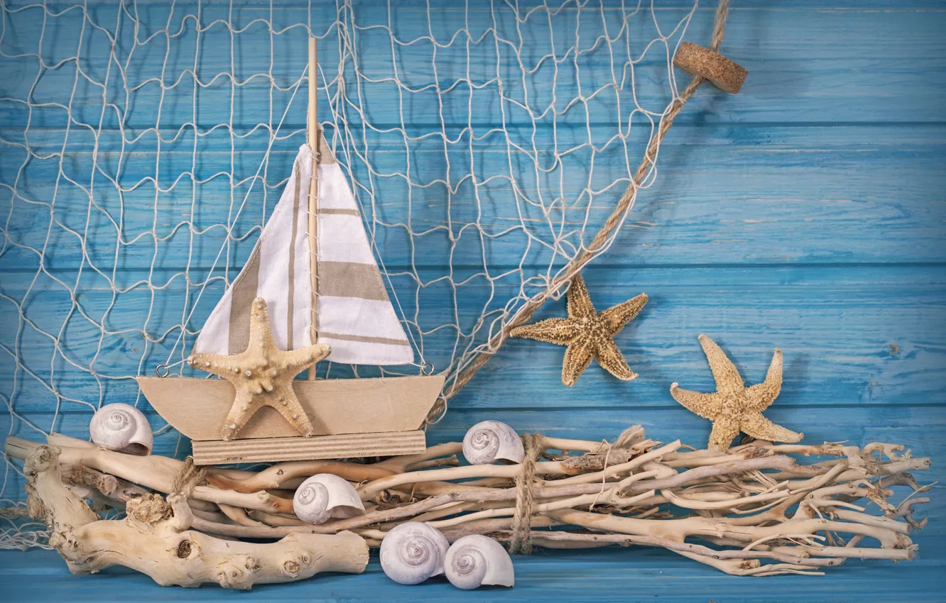 Фото обои звезды, ветки, сеть, корабль, Дерево, парус, ракушки