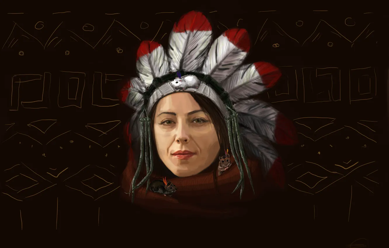 Фото обои woman, feathers, chief, American Indian