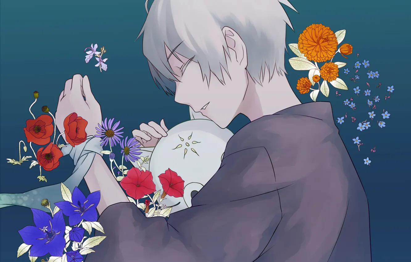 Фото обои цветы, аниме, арт, парень, Hotarubi no Mori e, Гин