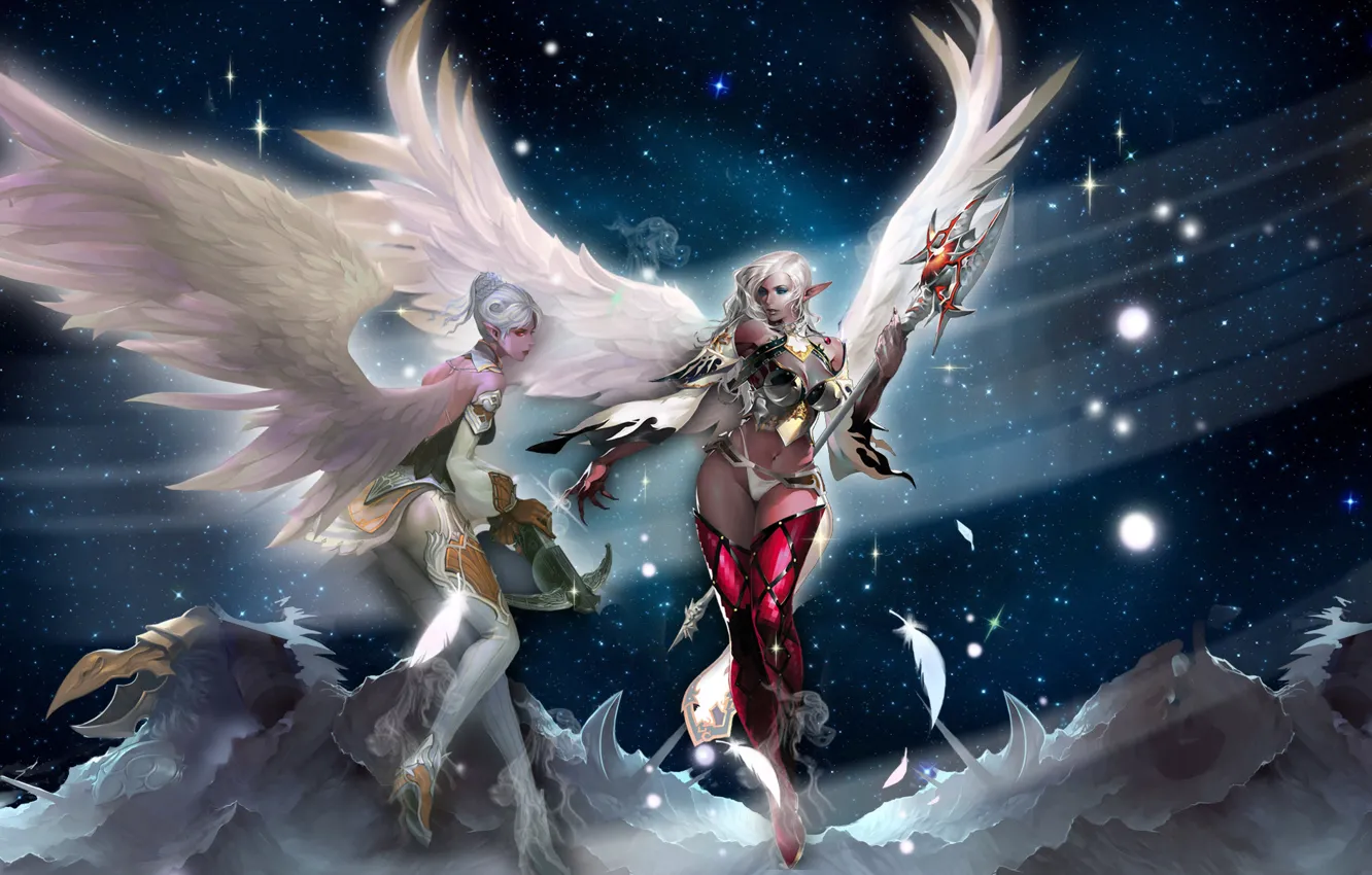Фото обои звезды, горы, девушки, крылья, перья, lineage 2, посох, уши