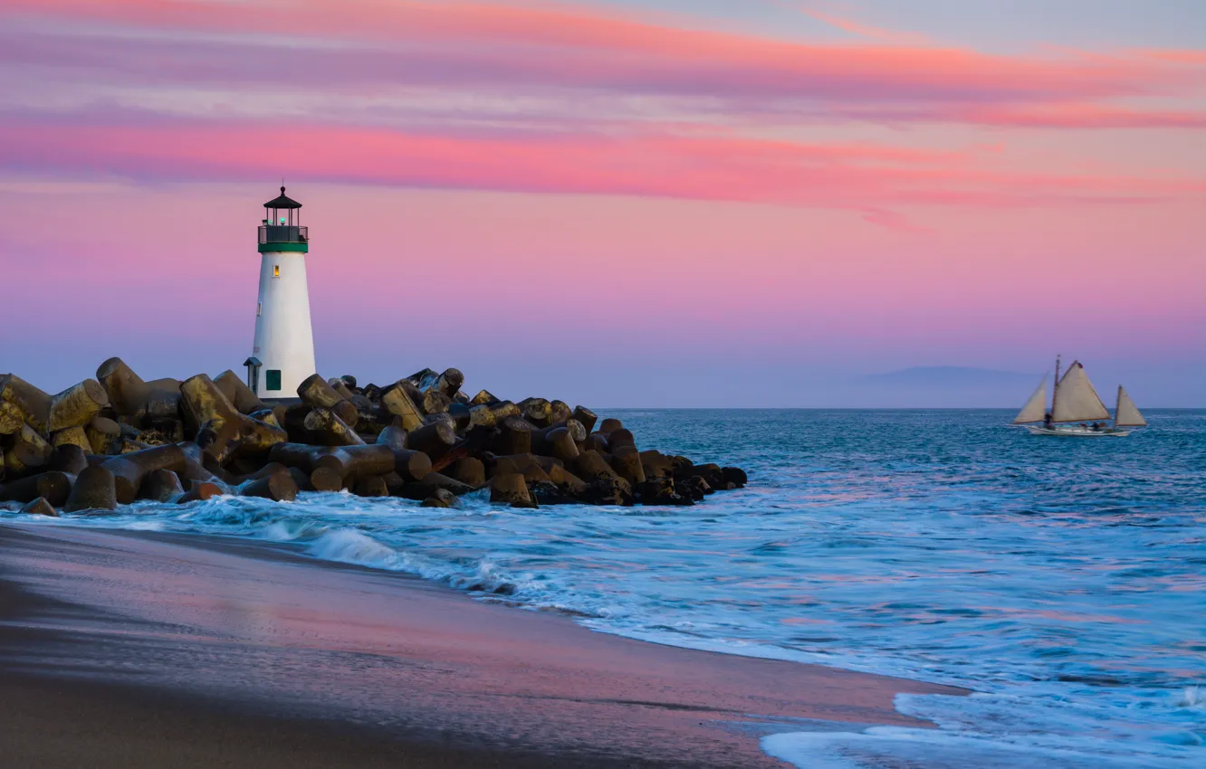 Фото обои море, берег, маяк, вечер, Калифорния, Санта-Крус