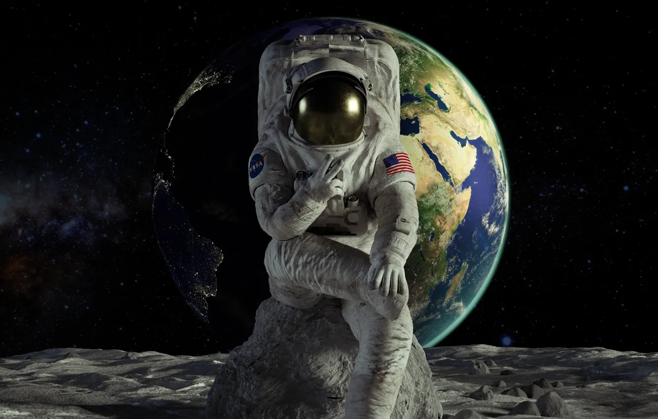 Фото обои коллаж, камень, Земля, астронавт