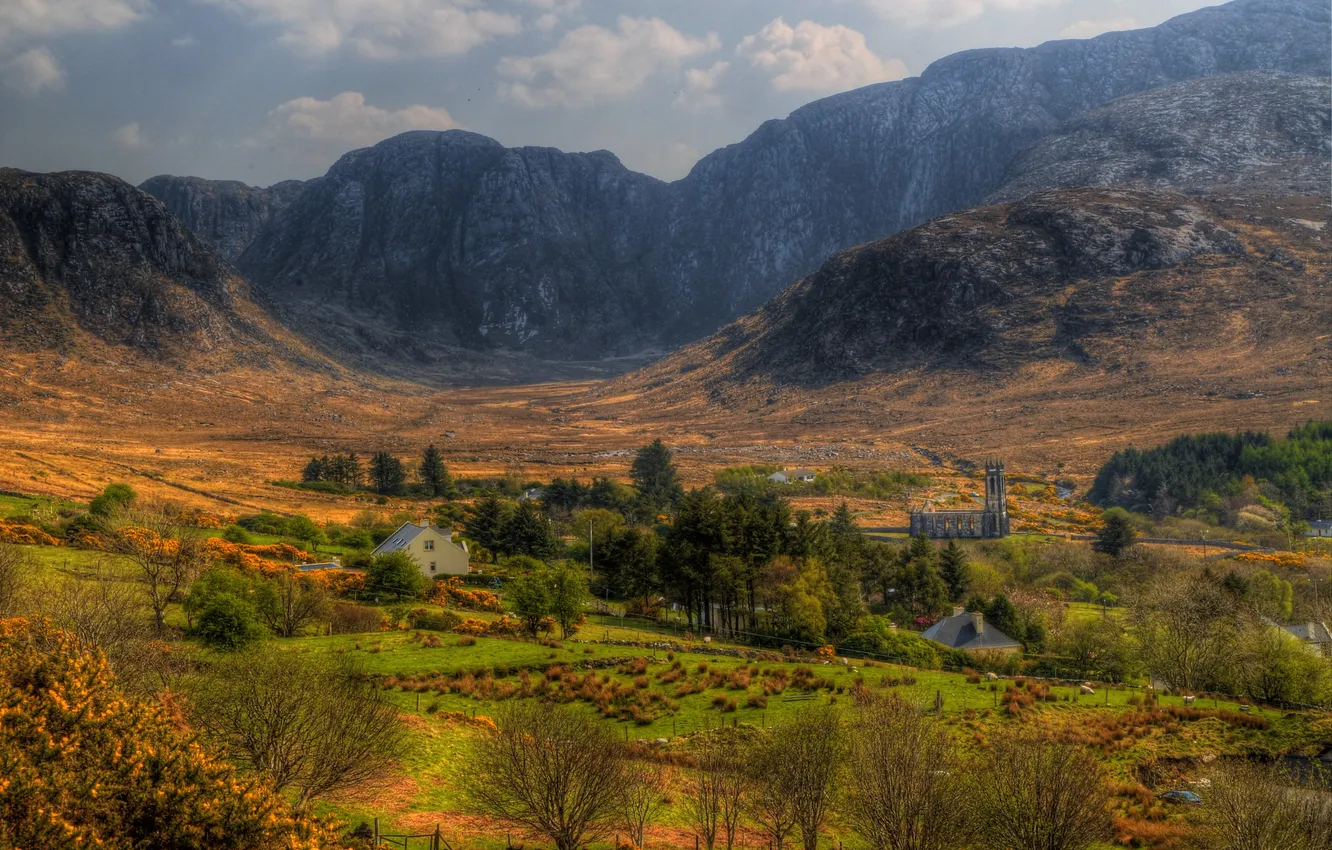 Фото обои горы, поля, долина, hdr, Ирландия, Ireland, Donegal, Dunlewy