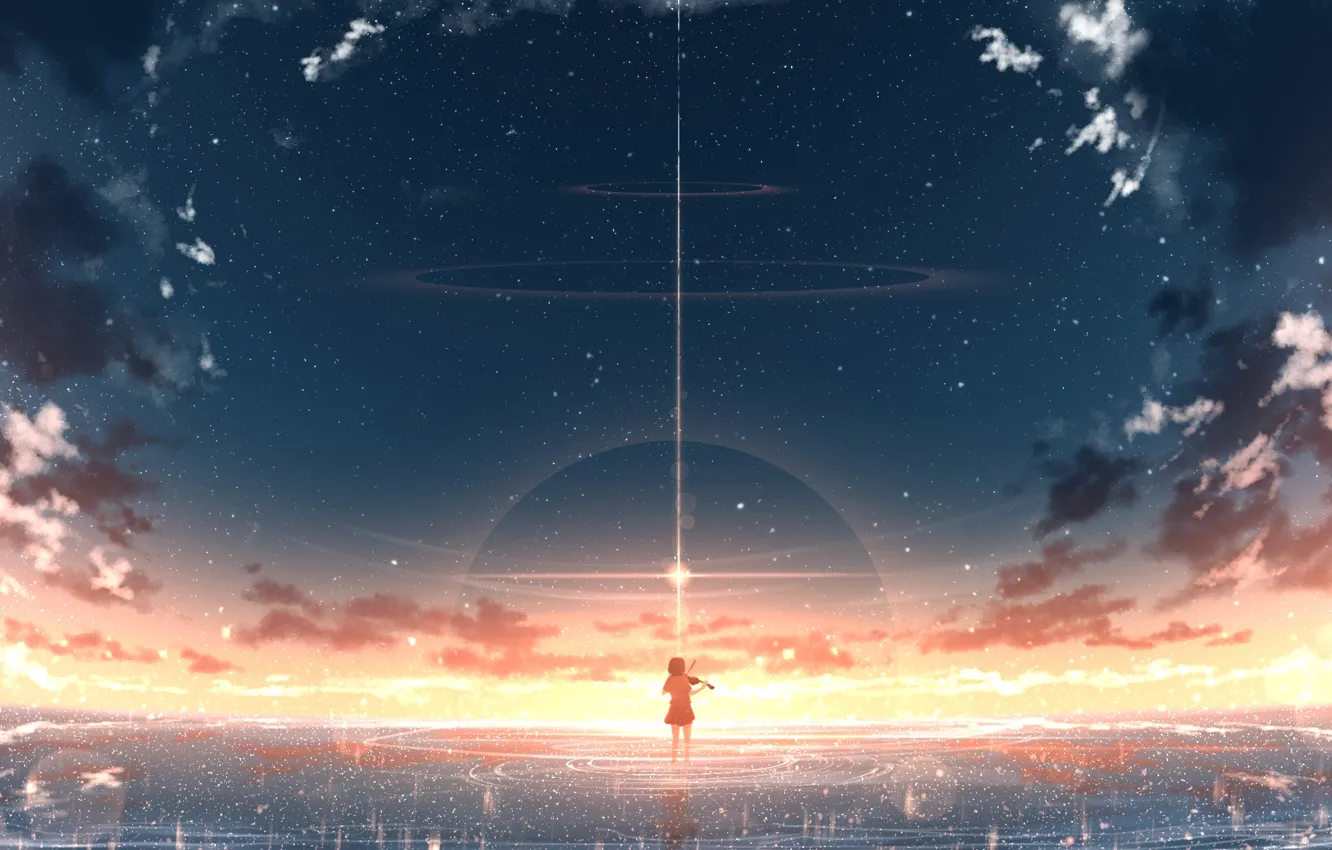 Фото обои небо, вода, девушка, закат, скрипка, by Rune Xiao