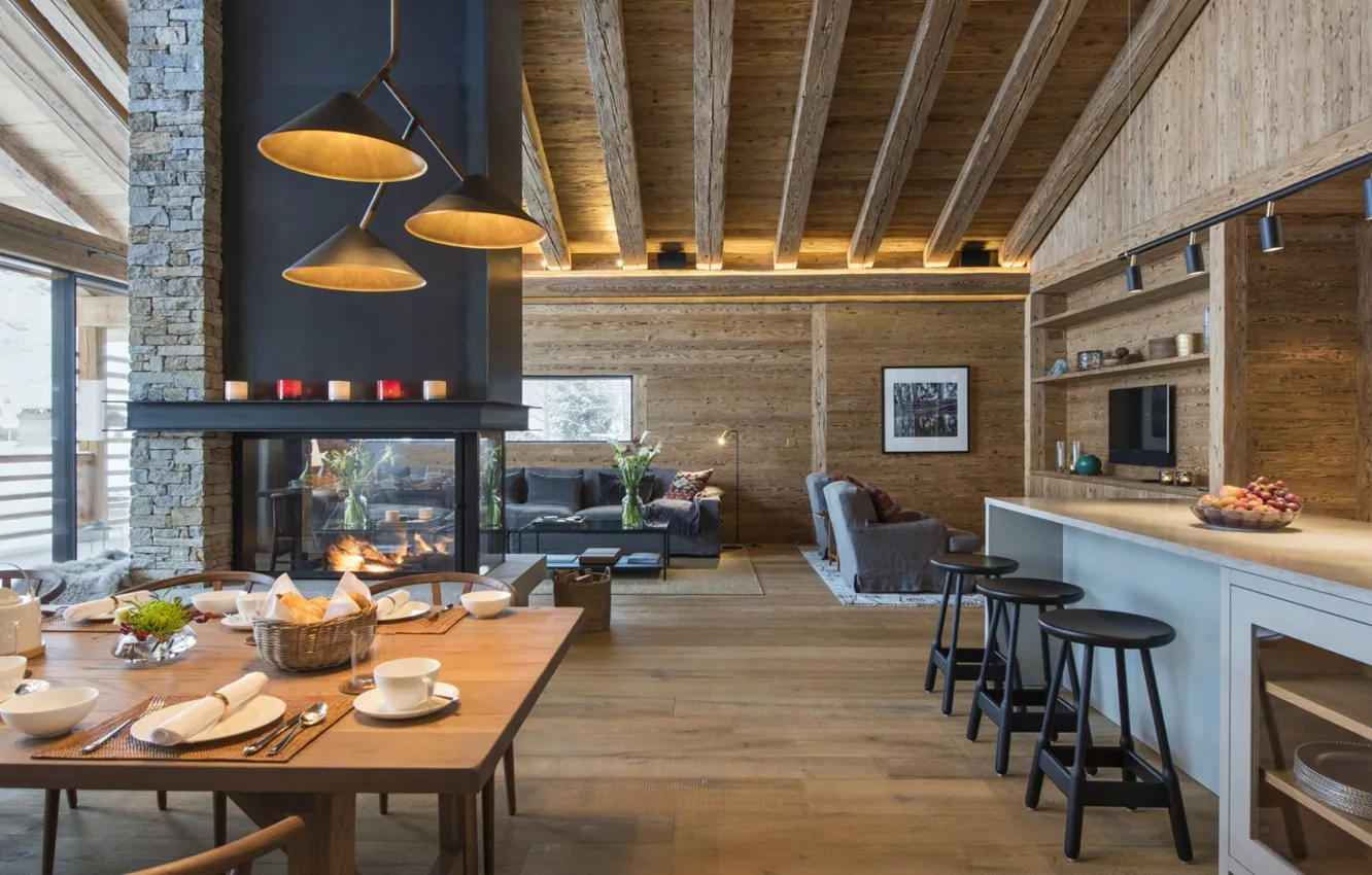 Фото обои вилла, интерьер, камин, гостиная, столовая, Chalet Mckinley