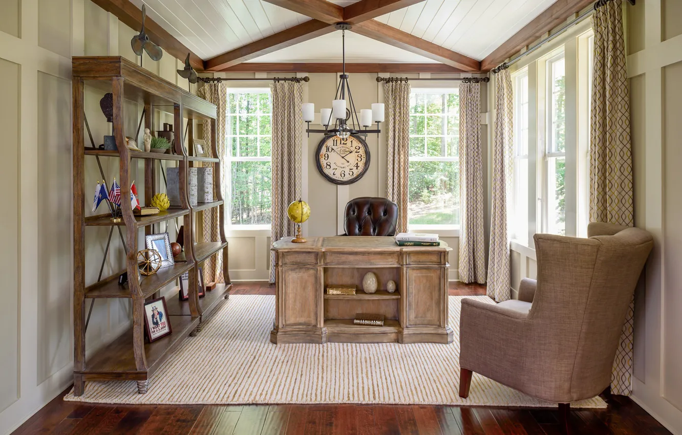 Фото обои стол, часы, книги, кресло, кабинет, стеллаж
