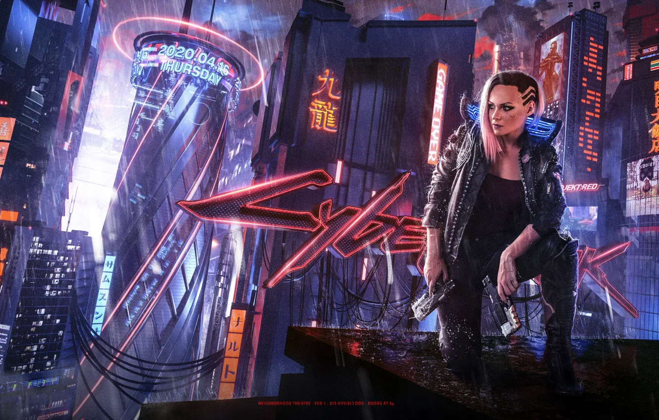 Фото обои девушка, город, киберпанк, футуристика, Cyberpunk 2077