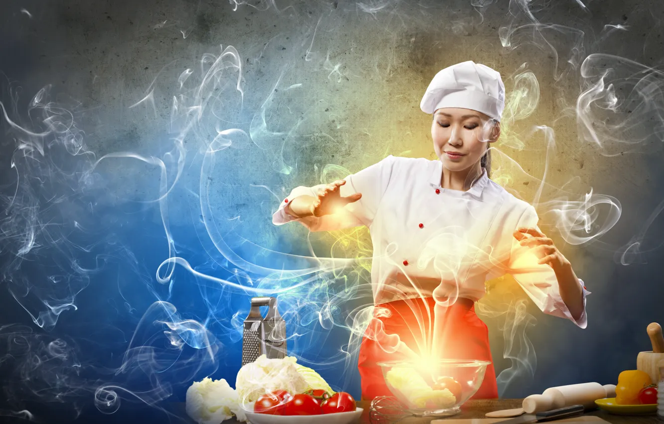 Фото обои девушка, креатив, дым, повар, азиатка, овощи, помидоры, капуста