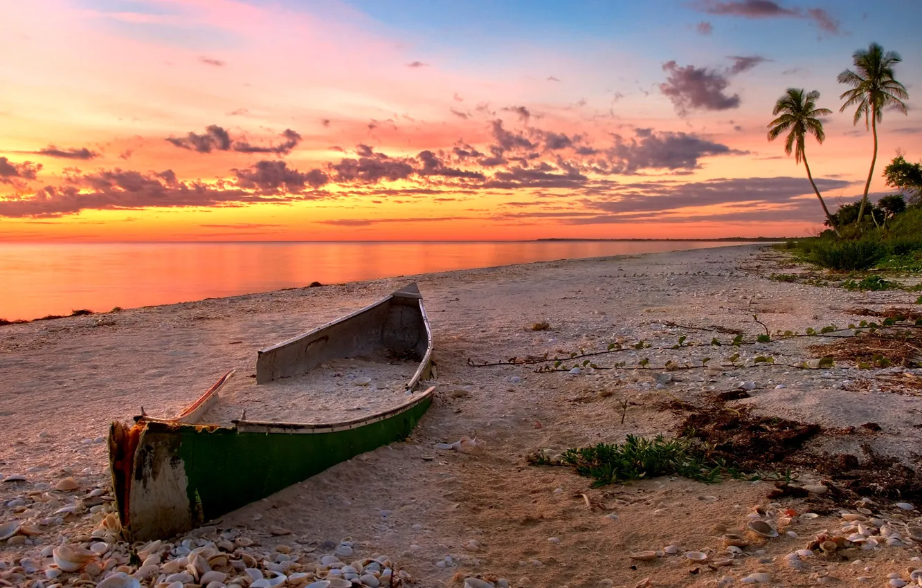 Фото обои песок, море, пляж, пейзаж, закат, природа, океан, лодка