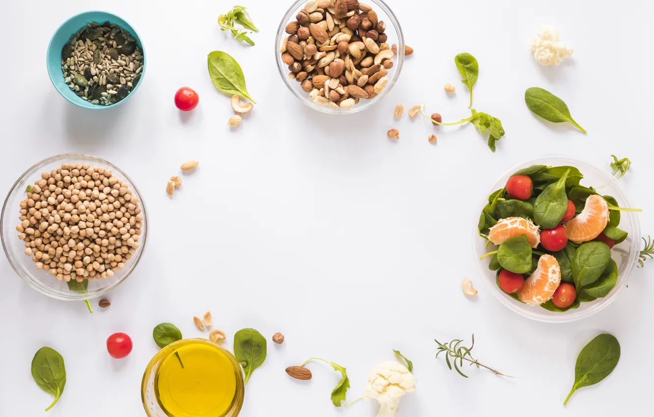 Фото обои орехи, салат, мандарины