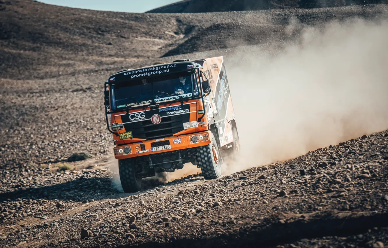 Фото обои Песок, Пыль, Спорт, Грузовик, 4x4, Rally, Dakar, Дакар