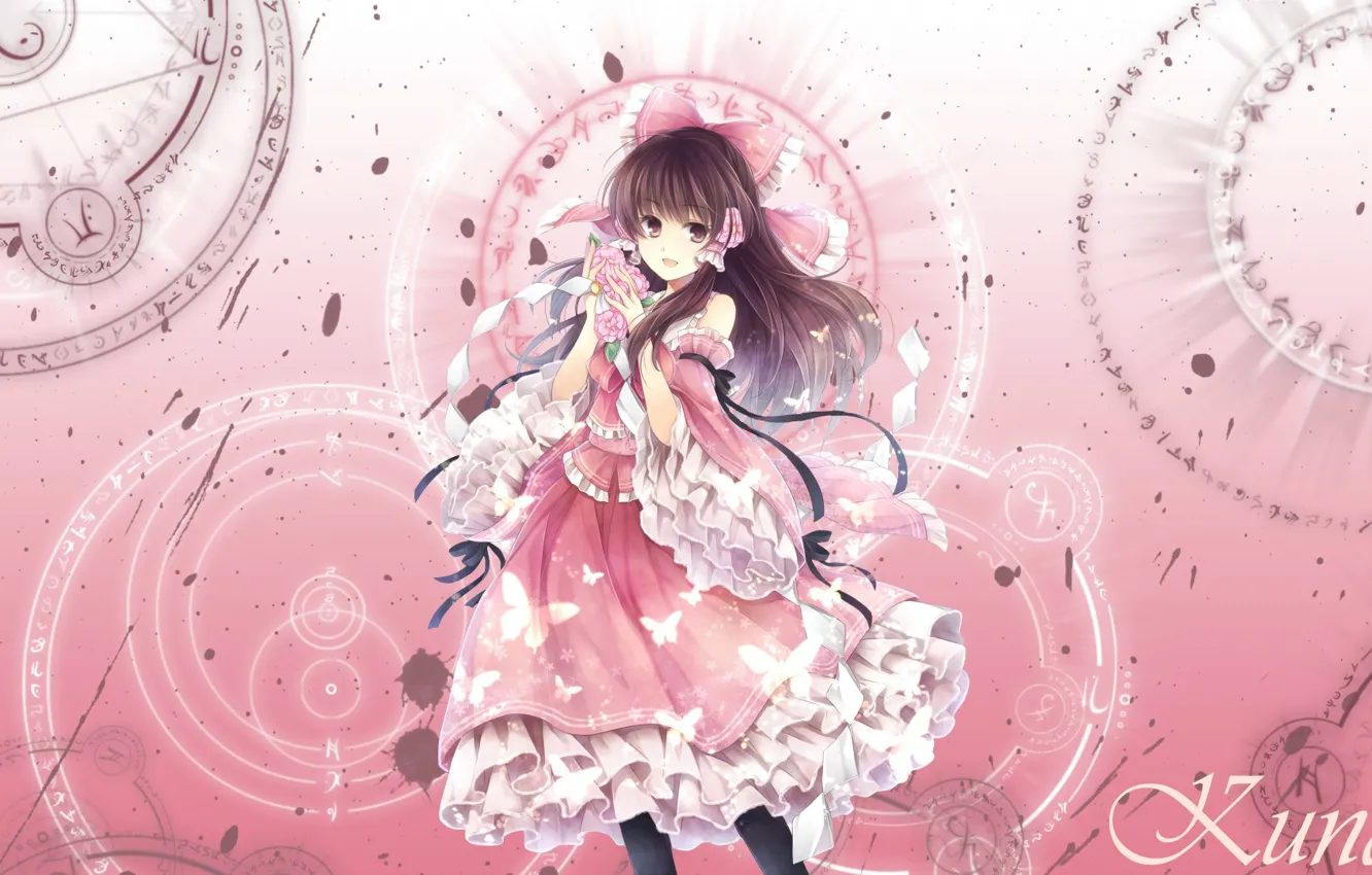 Фото обои бабочки, круги, магия, бант, жрица, оборки, hakurei reimu, touhou projeck
