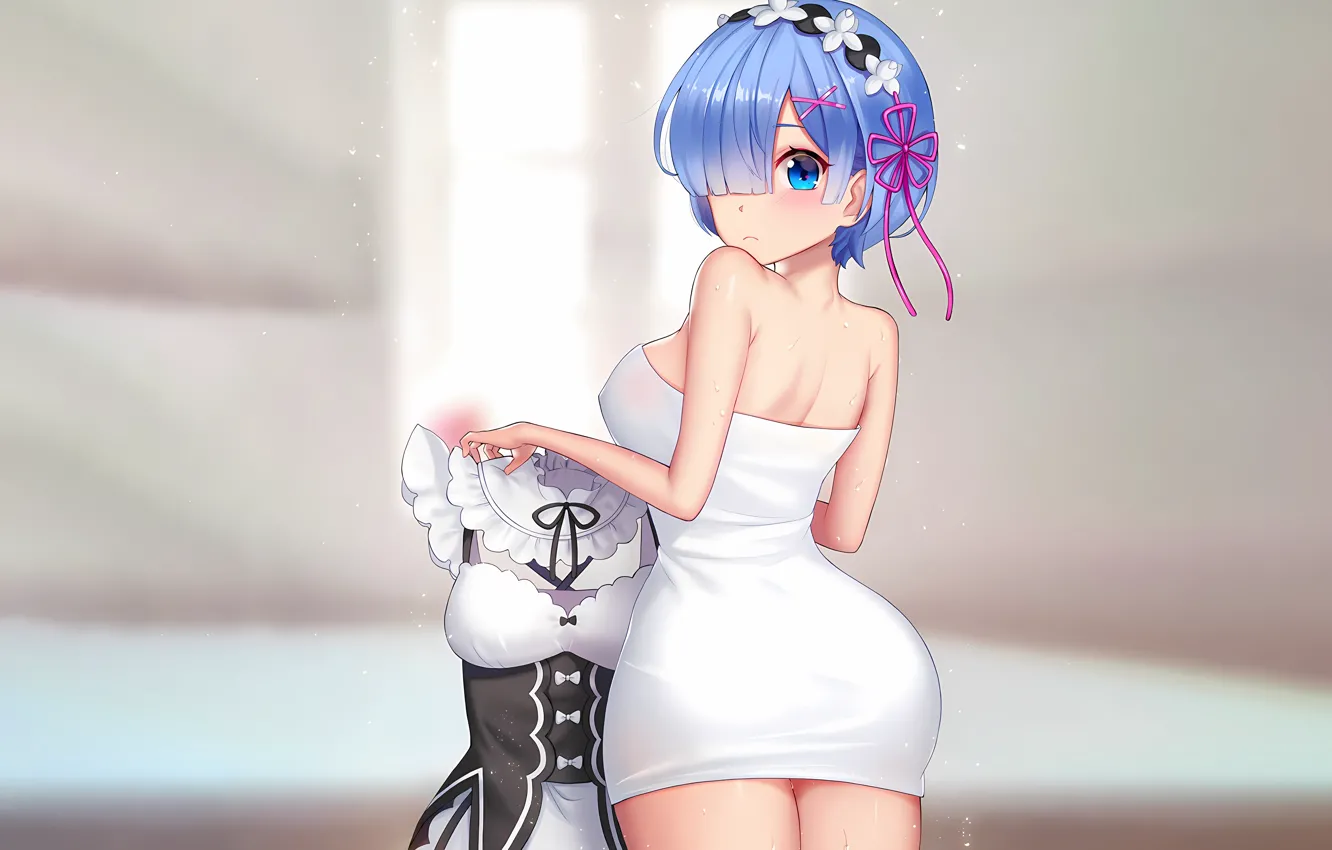 Фото обои girl, sexy, wet, anime, blue eyes, beautiful, short hair, pretty