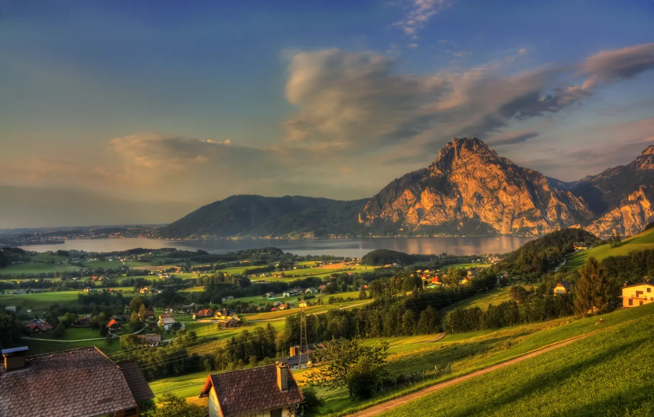 Фото обои лес, пейзаж, горы, природа, река, скалы, Австрия, городок
