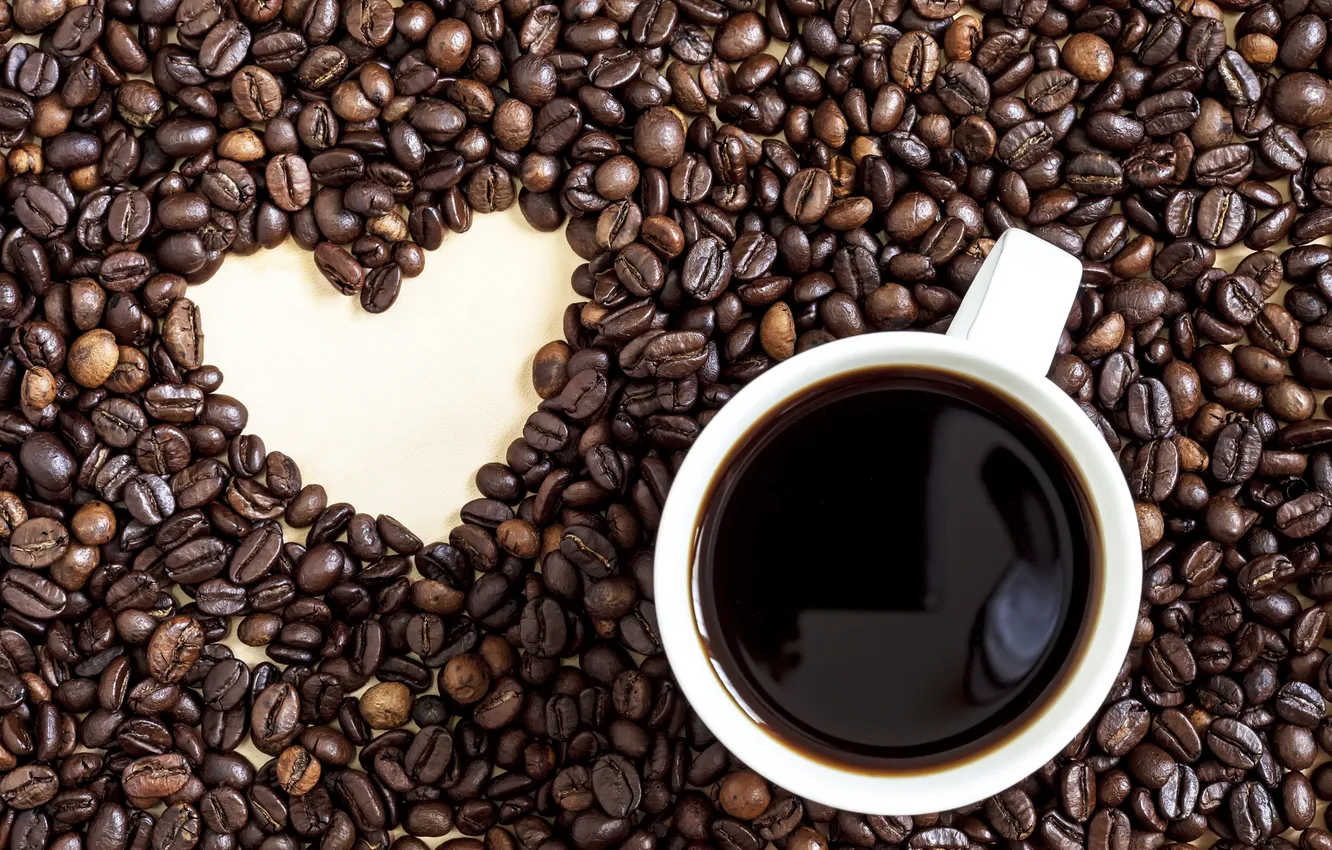 Фото обои сердце, кофе, чашка, love, heart, beans, coffee