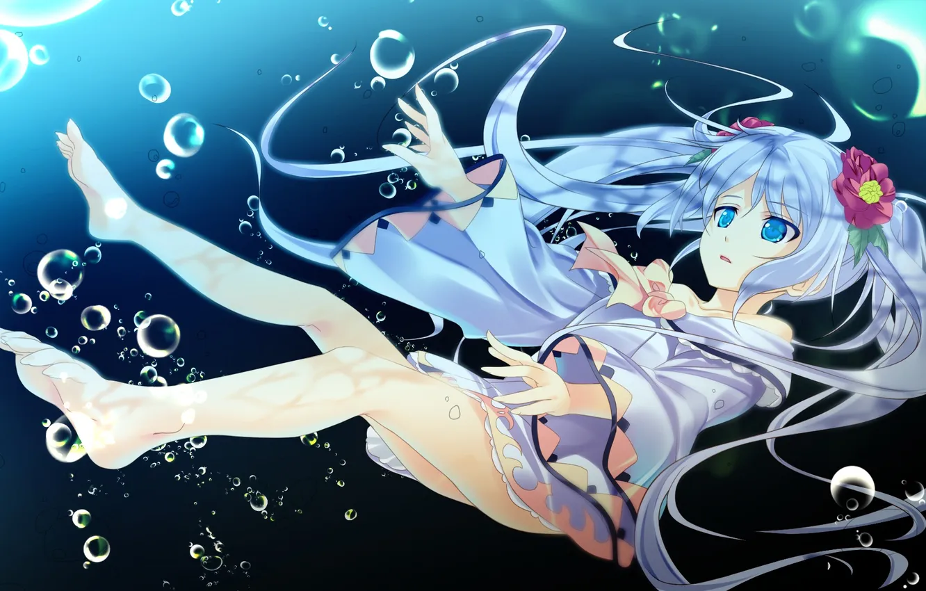 Фото обои Цветы, Девушка, Пузыри, Платье, Под водой, Game CG, Shin Shirogane no Soleil