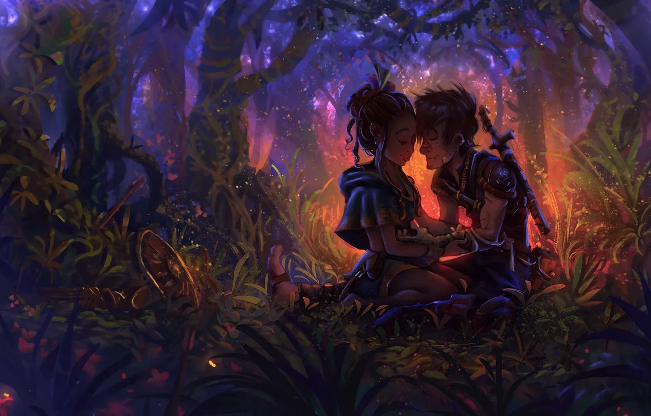Фото обои лес, девушка, оружие, игра, воин, арт, щит, The Darkness