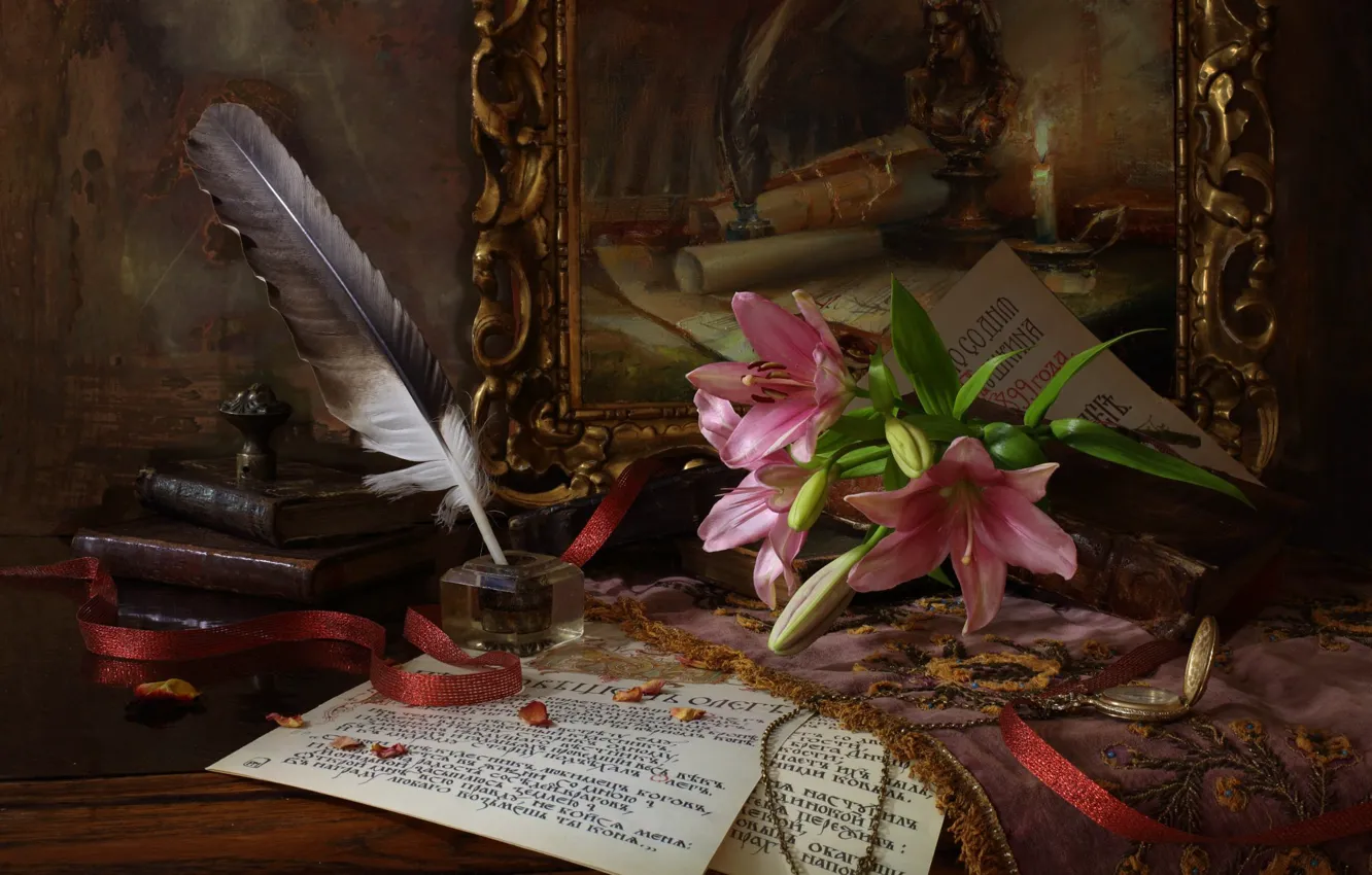 Фото обои цветы, перо, часы, книги, картина, лента, бумаги, чернильница