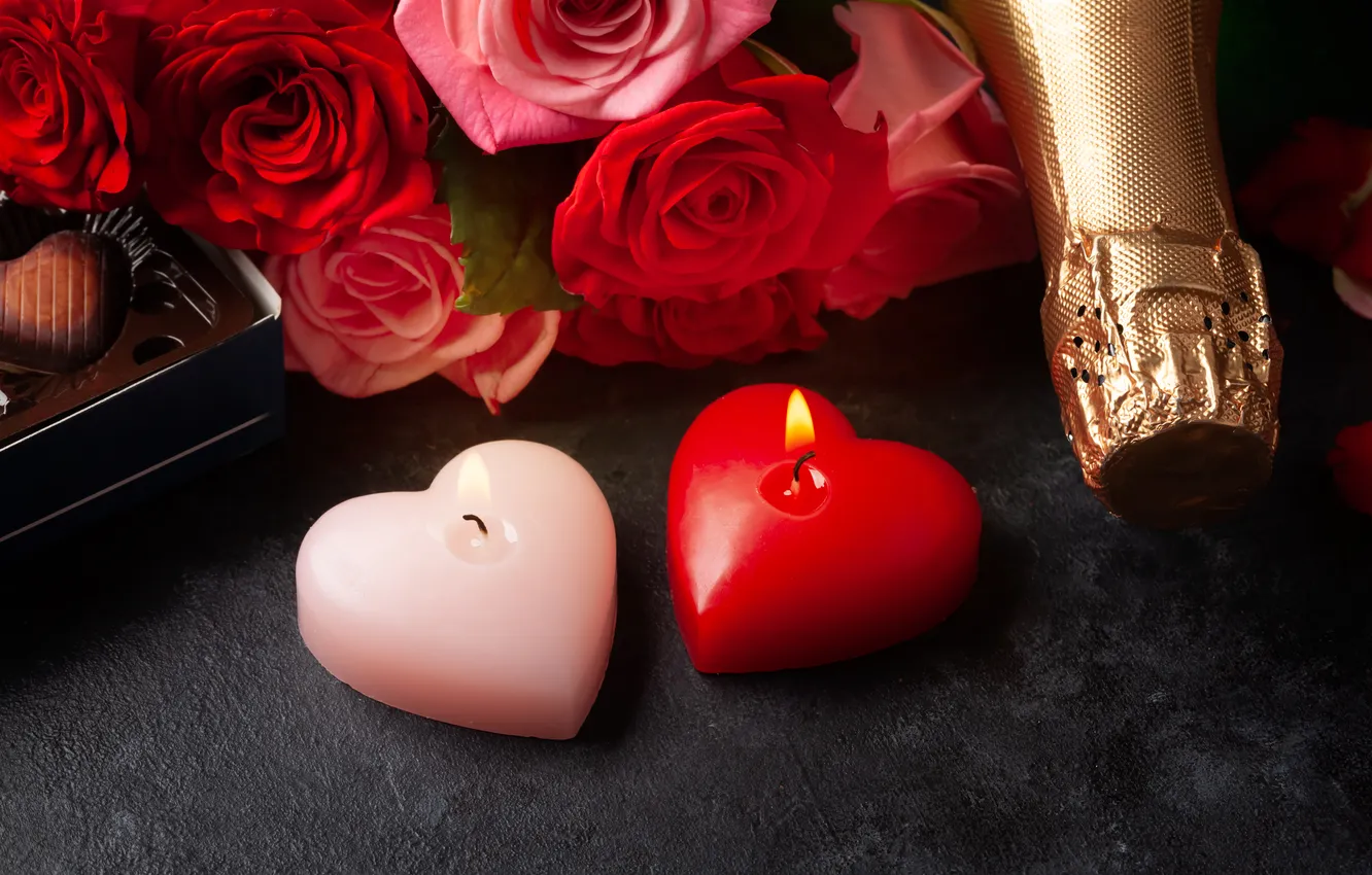 Фото обои любовь, цветы, подарок, романтика, шоколад, розы, love, шампанское