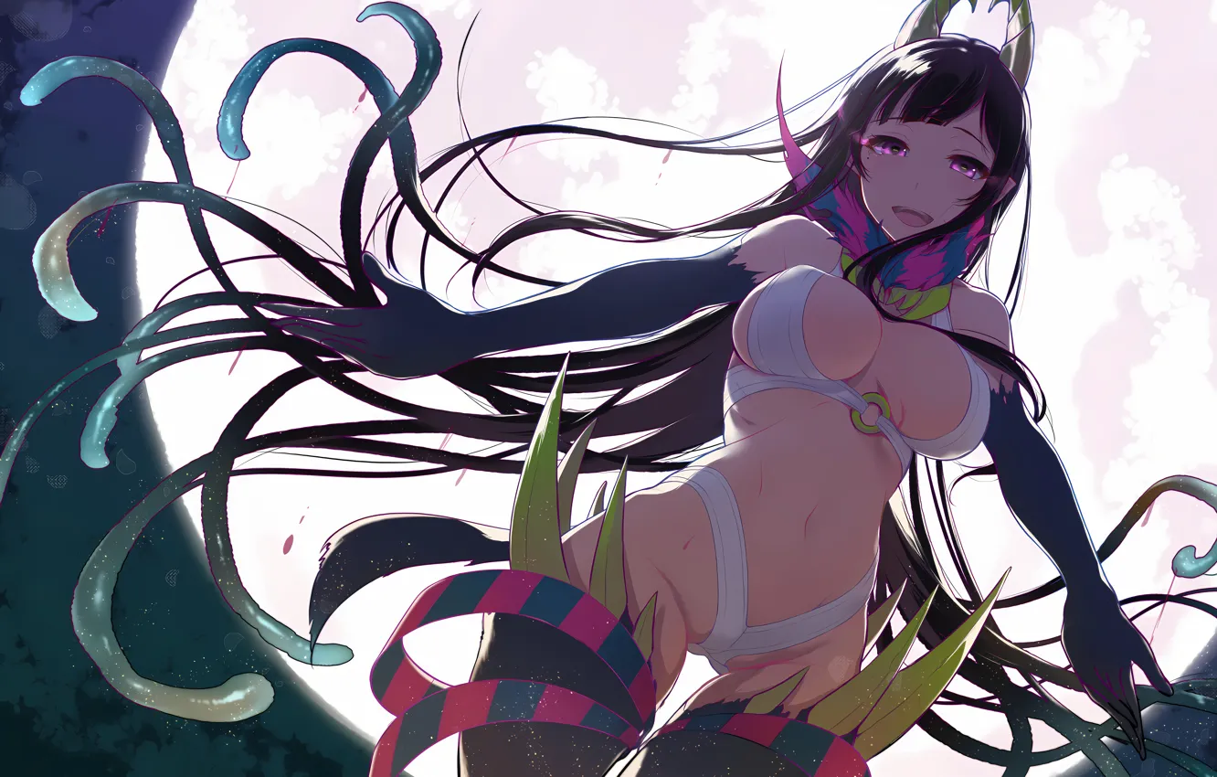 Фото обои girl, sexy, cleavage, thighhighs, horns, long hair, boobs, anime